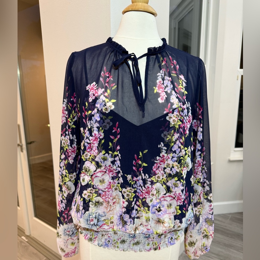 WHBM Floral Sheer Women's Top - Navy and Multicolor. EUC